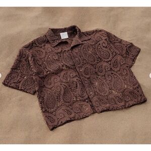 NOSTALGIA Paisley Knit Button Up Mens XS Brown Short Sleeve Coastal Boho Retro
